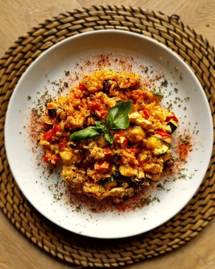 Romige mediterraanse rijst met kip